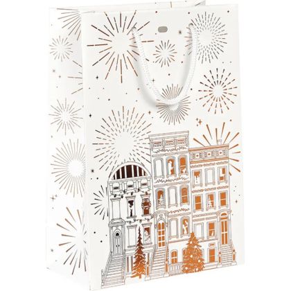 Хартиена торбичка FESTIVE CITY, бяло/златно топъл печат 20.0 x 10.0 x 29.0 cm, SB1053S  
