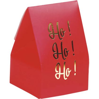 Хартиена кутия "HO HO HO" в червено/златно с топъл печат, 5.0 x 5.0 x 8.0 cm, SB722-HO