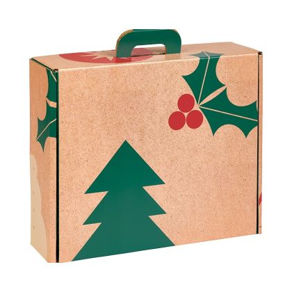 Правоъгълна картонена кутия тип "куфарче" „NATURAL CHRISTMAS“ крафт/червен/зелен 38.4 x 32.5 x 11.5 cm, CV061G