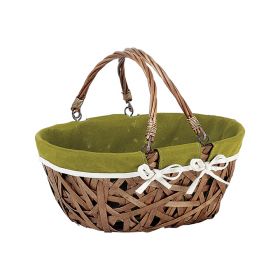 Basket Wicker/Wood Oval Brown Green fabric/White edge Folding handles,  35x27x14 cm, PN079M