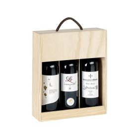 Box Wine Pinewood 3 Bottles Bordeaux half sliding lid with cord handle  Int.Dim  32,3x24,5x7,9cm, GVBX-3BFN