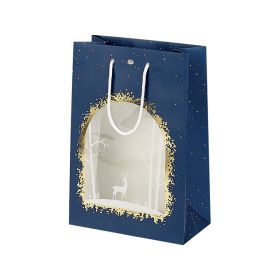 Bag Paper PET Window Blue/White/Gold "Bonnes Fêtes" White cord handles Eyelet  20x10x29cm, SB086S
