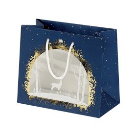 Bag Paper PET Window Blue/White/Gold "Bonnes Fêtes" White cord handles Eyelet  20x10x17cm, SB085XS