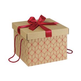 Box Cardboard Square Kraft Red geomitrical circle Red satin bow Red cord  27x27x20 cm, CP135GR