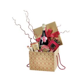 Квадратна кутия от Крафт картон с червена сатенена панделка и дръжки, 27x27x20 см, CP135GR