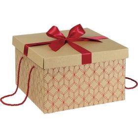 Квадратна кутия от Крафт картон с червена сатенена панделка и дръжки 34x34x20cm, CP135ER
