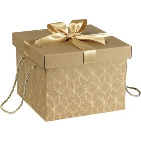 Квадратна кутия от Крафт картон със златна сатенена панделка и дръжки, 27x27x20 см, CP125GOR