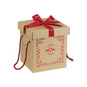 Квадратна кутия от Крафт картон с червена сатенена панделка и дръжки 18,5x18,5x19,5cm, CP105PR