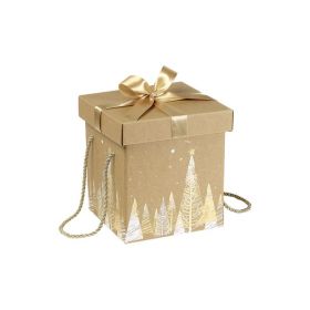 Box Cardboard Square Kraft Christmas trees Gold/White Gold satin bow Golden cord  18,5x18,5x19,5cm, CP100POW