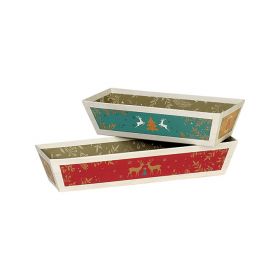 Tray Cardboard Rectangle "Bonnes Fêtes" Wood effect/Red/Green/Gold  24x10x6cm, BF396LXS