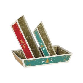 Tray Cardboard Rectangle "Bonnes Fêtes" Wood effect/Red/Green/Gold  33x20x7cm, BF394M