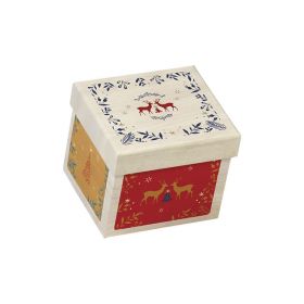Box Cardboard rectangular "Bonnes Fêtes" Wood effect/Red/Green/Gold, 12.5x11x10 cm, BF390S