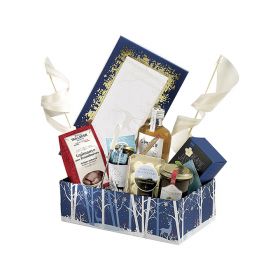 Box Cardboard Rectangular Blue/White/Hot gliding gold PET window Forest/Reindeer 31,5x18x10cm, BF230P