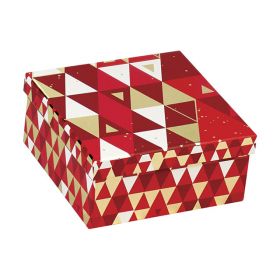 Box Cardboard Square Red/White/Hot gliding gold Triangles  16x16x7,5cm, BF226XS