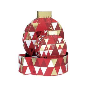 Box Cardboard Christmas bauble shape Red/White/Hot gliding gold Triangles  D27,5/31x10cm, BF221P