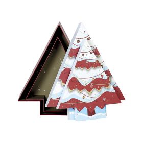 Box Cardboard Christmas tree shape Red/White/Hot gliding gold "Bonnes Fêtes" 36,4x32,4x10,5cm, BF216G