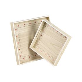 Tray Square Wood, Nature, with red / white design, white border handles 32,5x32,5x4,5cm, B082G