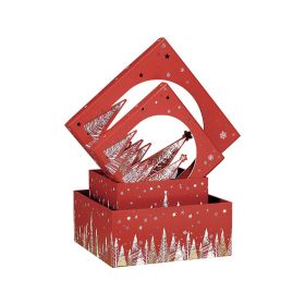 Box Square Carbboard, Red / white / hot gilding / gold PET window Happy Holidays decor 16x16x7,5cm, BF386XS