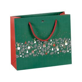 Bag Paper Green/Red/Gold "Bonnes Fêtes" Red cord handles Eyelet  25x10x22 cm, SB092P