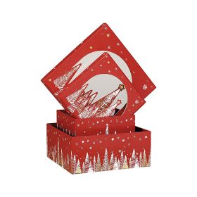 Box Square Cardboard, Red / white / hot gilding / gold PET window Happy Holidays decor 21x21x9cm, BF386S