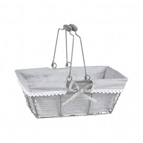 Basket Metal Rectangular / 2 handles / grey and white with fabric lining 30x20x13cm, F041P