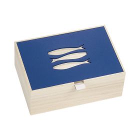 Правоъгълна дървена кутия с дръжки, лазерно изрязване - риба, 20.5x14x8.2 см, B161B