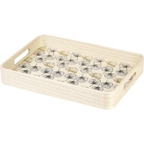 Tray Rectangular Wood,  with rounded corners, gold / black color, leaf decor, handles 35x25x5cm, B124G