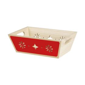 Tray rectangular Wood, in  natural/red color, laser cut, handles 29x19x10cm, B083PR