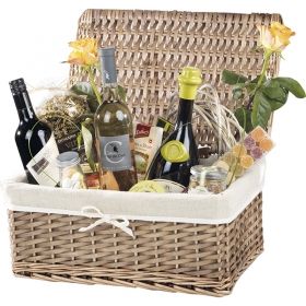 Rectangular split willow and wood hamper / brown and cream with fabric lining, 36x26x15 cm, J154G