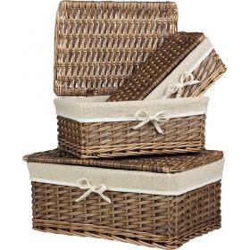 Rectangular split willow and wood hamper / brown and cream with fabric lining, 36x26x15 cm, J154G