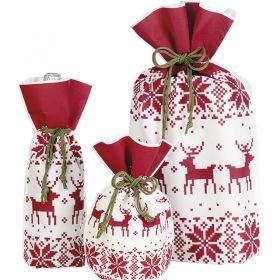 Non woven polypropylene gift bag red/white reindeer design with green drawstrings and gifttag, 33x55 cm, SC040P
