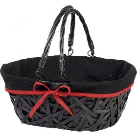 Wood basket / black oval wicker / black fabric with red border, foldable handles, 35x27x14 cm, PN068M