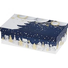 Box cardboard rectangular blue / white / gold "Bonnes Fêtes", 31.5x18x10 cm, BF370P
