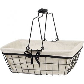 Черна метална кошница с дръжки, бежова подплата и черна панделка 35x25x13 cm, F231RM