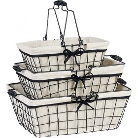 Черна метална кошница с дръжки, бежова подплата и черна панделка 22x14x8 cm, F231RS