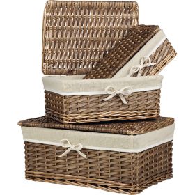 Rectangular split willow and wood hamper / brown and cream with fabric lining, 44x32x20 cm, J154E