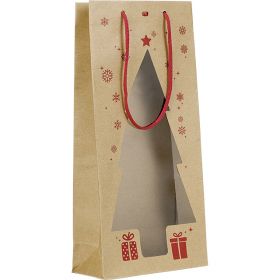 Bag Paper kraft 2 bottles PET window red Christmas tree shape red cord handles eyelet, 18x9x39 cm, SB108-2B