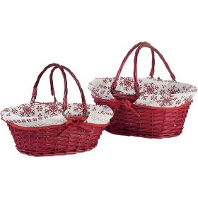 Basket Wicker/Wood Oval Red White fabric/Red Snowflakes Folding handles  42x32x18 cm, PN098G