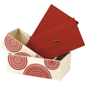 Правоъгълна дървена кутия със заоблени ъгли, червен мотив мандала, 32.5x18x10.5 см, B067PR