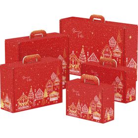 Правоъгълна картонена кутия тип "куфарче" "Bonnes Fêtes" , червено/бяло/златно CV040