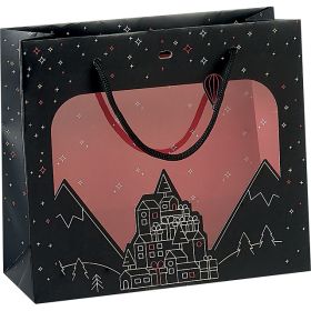 Bag paper PET window black/red/white/gold Village black cord handles eyelet, 25x10x22 cm, SB077P