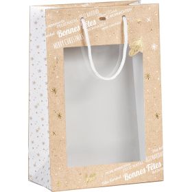 Хартиена торбичка "Bonnes Fêtes", топъл печат крафт/бяло/златно, с PVC "прозорец", 20x10x29 см, SB291S