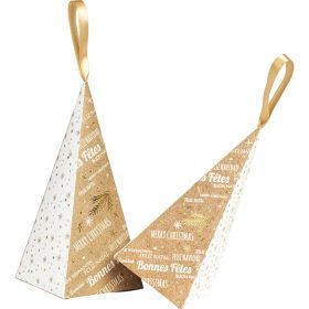 Хартиена пирамидална торбичка, крафт/бяло/златно "Bonnes Fêtes" печат със сатенена панделка, 17.5x8x8 см, SB209XS