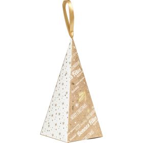 Хартиена пирамидална торбичка, крафт/бяло/златно "Bonnes Fêtes" печат със сатенена панделка, 20x9x9 см, SB210S