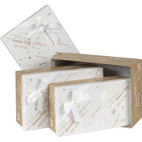 Правоъгълна картонена кутия, крафт/бяло/злато "Bonnes Fêtes" печат с коледен мотив, 33x21x12 см, BF420M