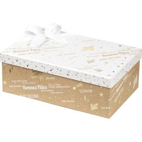 Box cardboard rectangular kraft/white/gold hot foil stamping "Bonnes Fêtes", 33x21x12 cm, BF420M