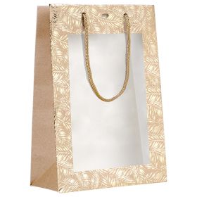 Bag paper kraft/gold hot foil stamping PET window gold cord handles eyelet, 20x10x29 cm, SB471S