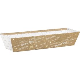 Правоъгълен картонен поднос, "Bonnes Fêtes" топъл печат крафт/бяло/златно с коледен мотив, 30x10x6 см, BF426LS