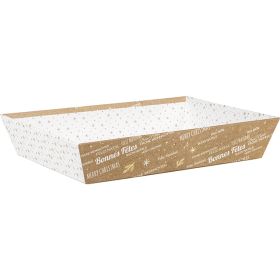 Правоъгълен картонен поднос, "Bonnes Fêtes" топъл печат крафт/бяло/златно с коледен мотив, 36x27x7 см, BF425G