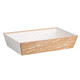Tray cardboard rectangular kraft/white/gold hot foil stamping "Bonnes Fêtes", 34x21x7.3 cm, CV526M-BFK